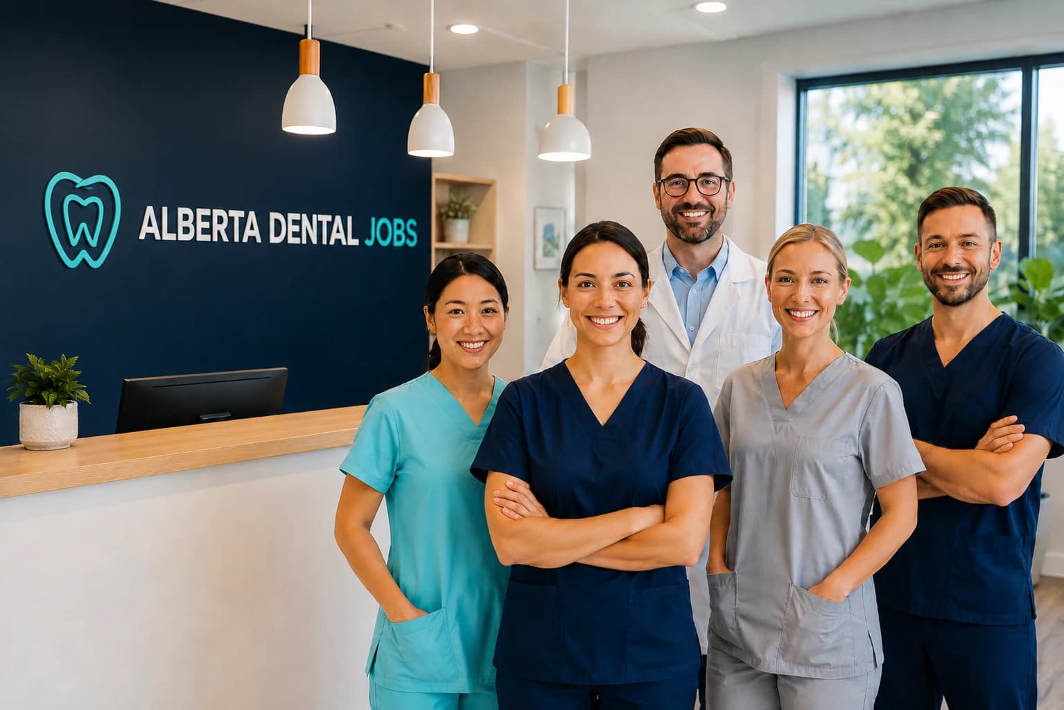 A team of five smiling dental professionals standing together in a modern Alberta Dental Jobs clinic reception