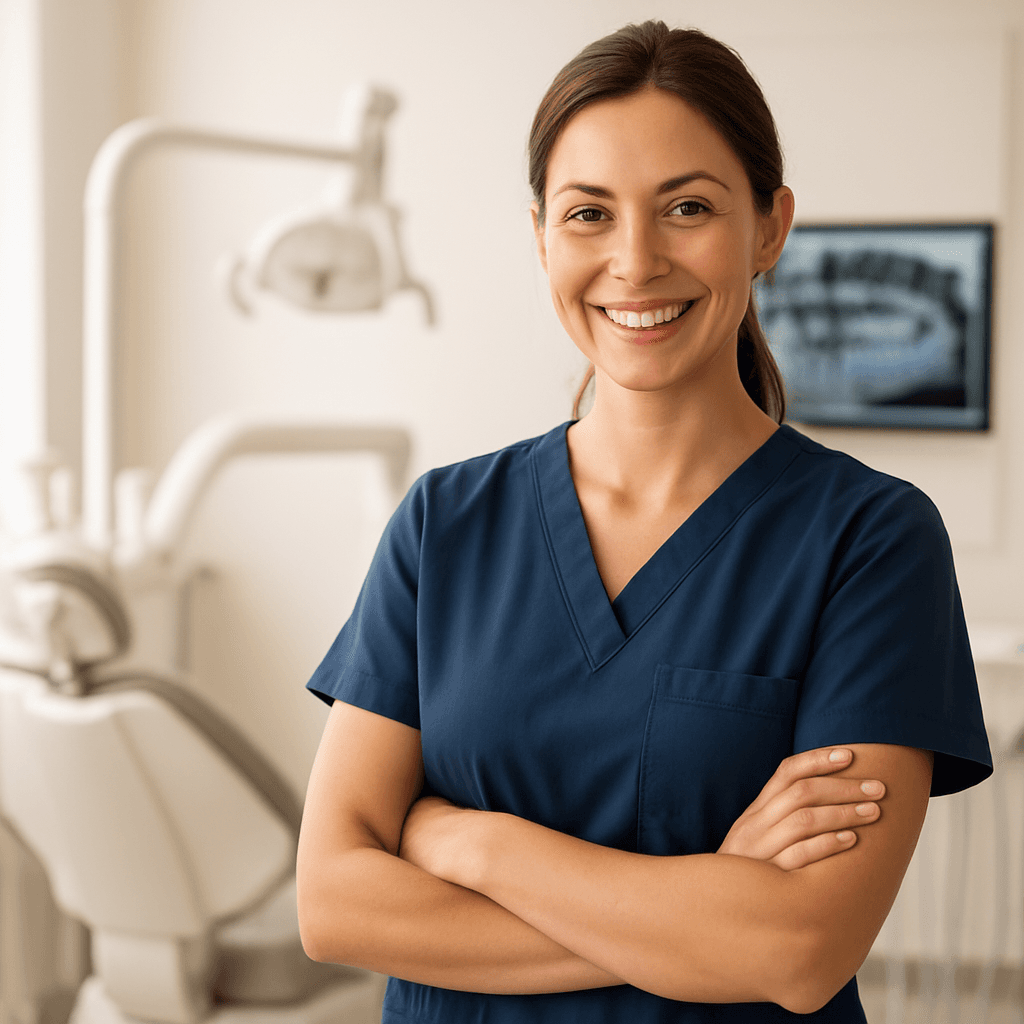 A smiling dental hygienist in navy scrubs standing in a modern dental clinic