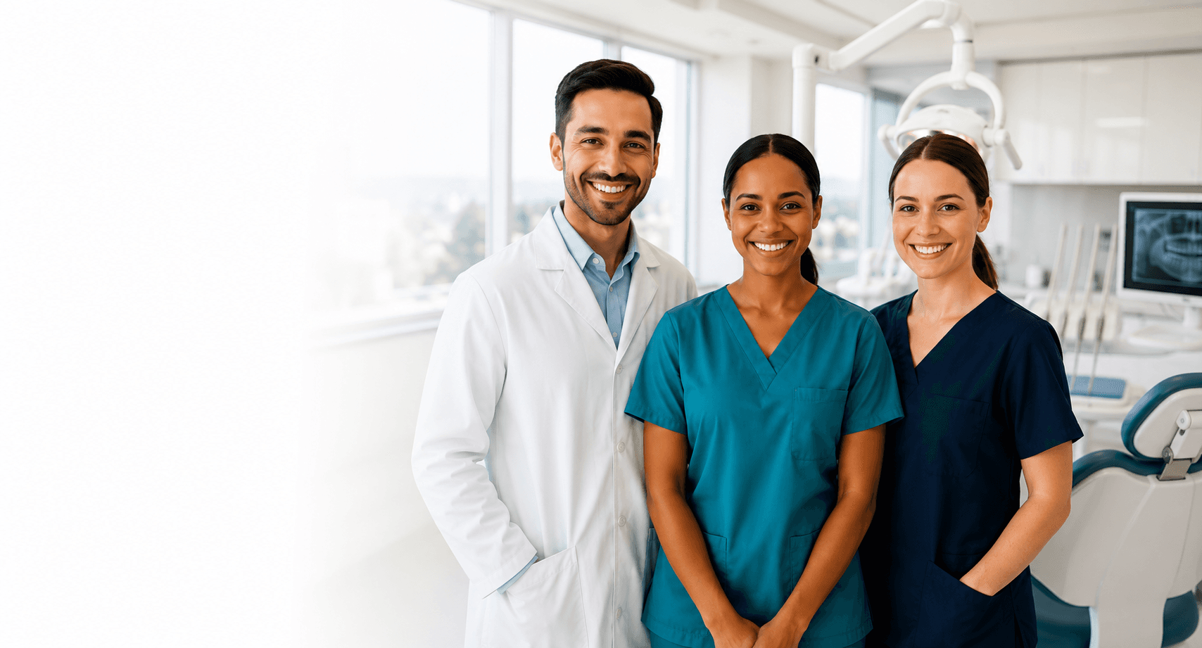 Three smiling dental professionals standing together in a bright, modern Alberta Dental Jobs clinic